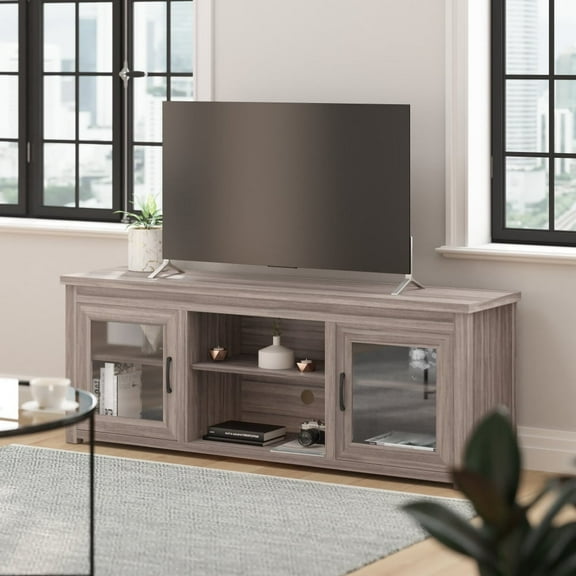 Taylor & Logan Classic TV Stand for up to 80" TVs-Glass Fronted Doors-Modern Finish Gray Wash Oak