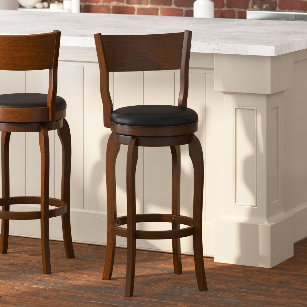 Enola Antique Oak Swivel Bar Stool with Black Faux Leather Seat