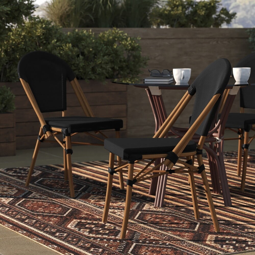 Black and Natural Armless Stacking Bistro Chairs with Metal Frame, Set of 2