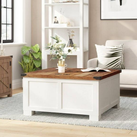 Taylor & Logan Modern Farmhouse Coffee Table with Hidden Interior Storage White/Rustic Oak