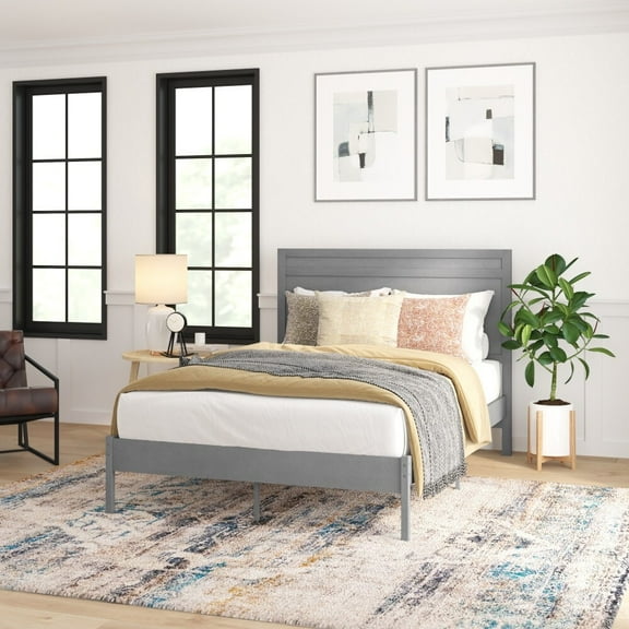 Taylor & Logan Solid Wood Platform Bed with Headboard and Wooden Slats Gray - Full