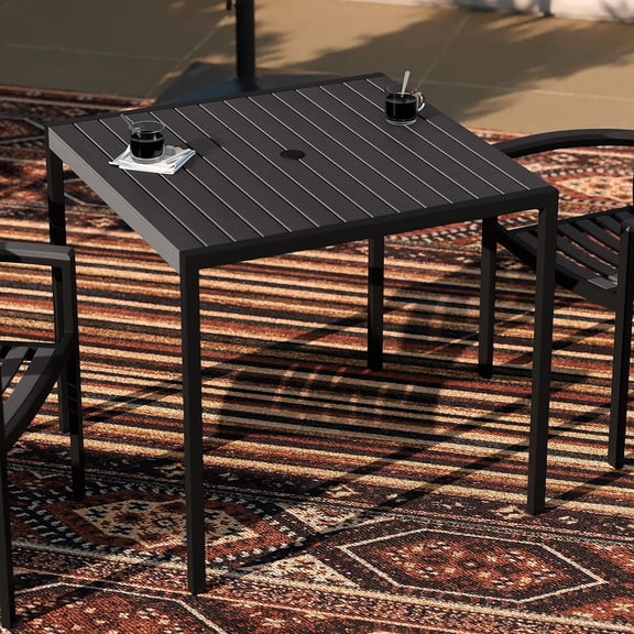 Taylor & Logan Store Lark Outdoor Dining Table with Synthetic Gray Wash Teak Poly Slats - 35" Square Steel Framed Restaurant Table with Umbrella Hole