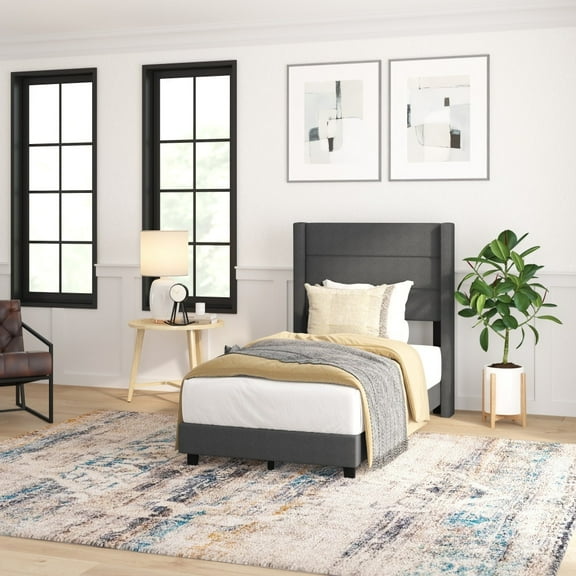 Taylor & Logan Upholstered Platform Bed with Wingback Headboard Charcoal - Twin