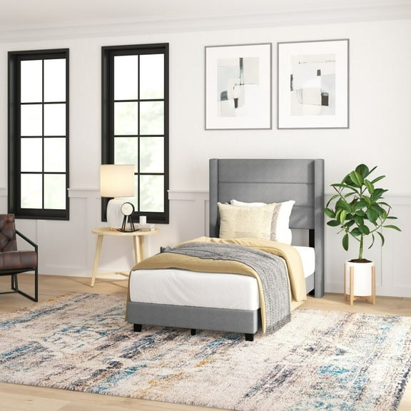 Taylor & Logan Upholstered Platform Bed with Wingback Headboard Gray - Twin