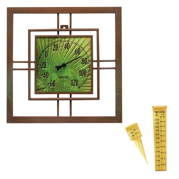 Taylor Metal Glass Bamboo Thermometer and Rain/Sprinkler Gauge Bundle