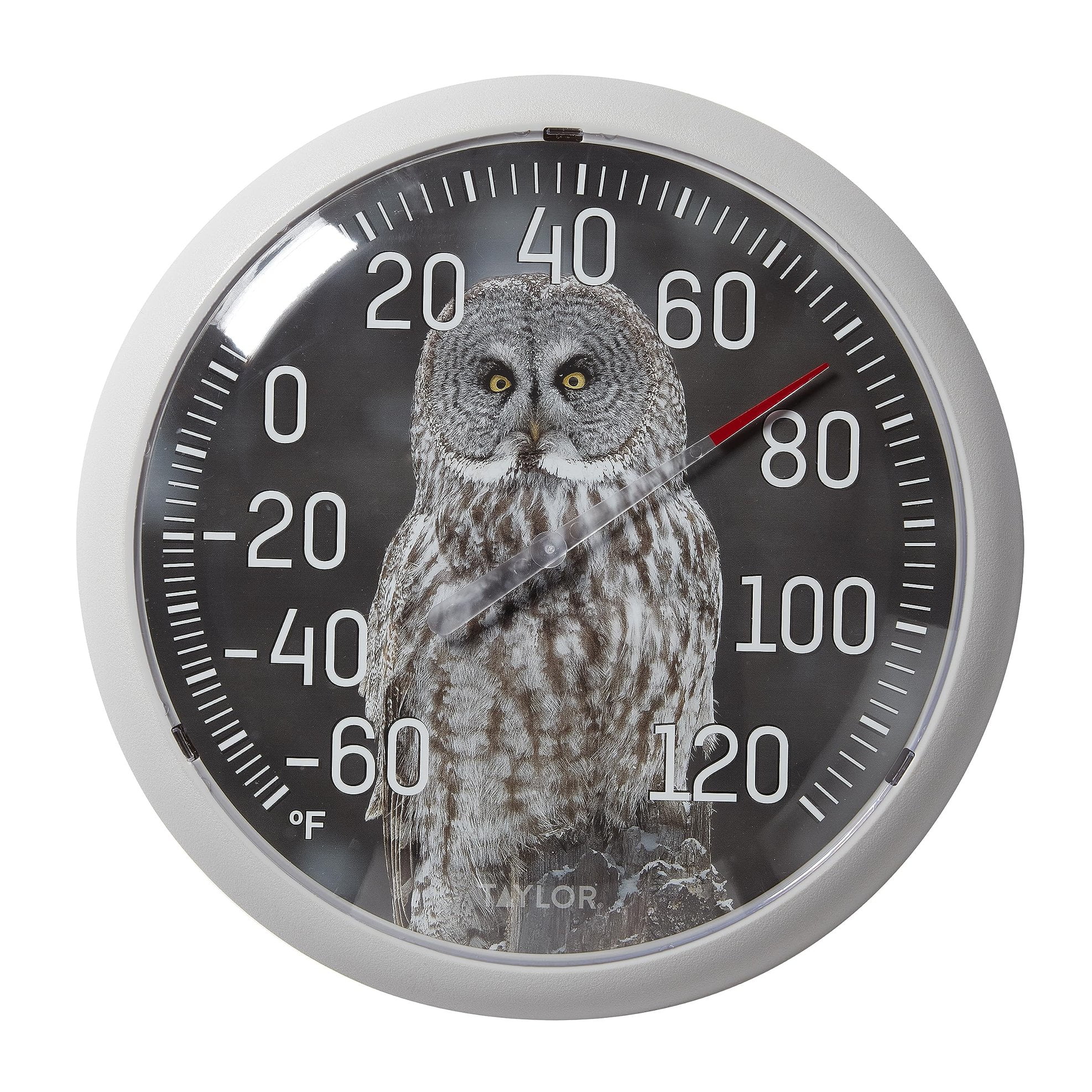 Taylor Nature Series Indoor Outdoor Owl Thermometer, Easy to Read Wall Decor for Patio, Pool, Yard, Garden or Garage, 13.25 Inch, Gray Bezel