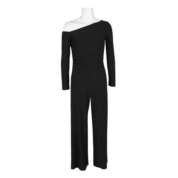 Taylor One-Shoulder Long Sleeve Zipper Back Solid Stretch Crepe Jumpsuit-BLACK / 6
