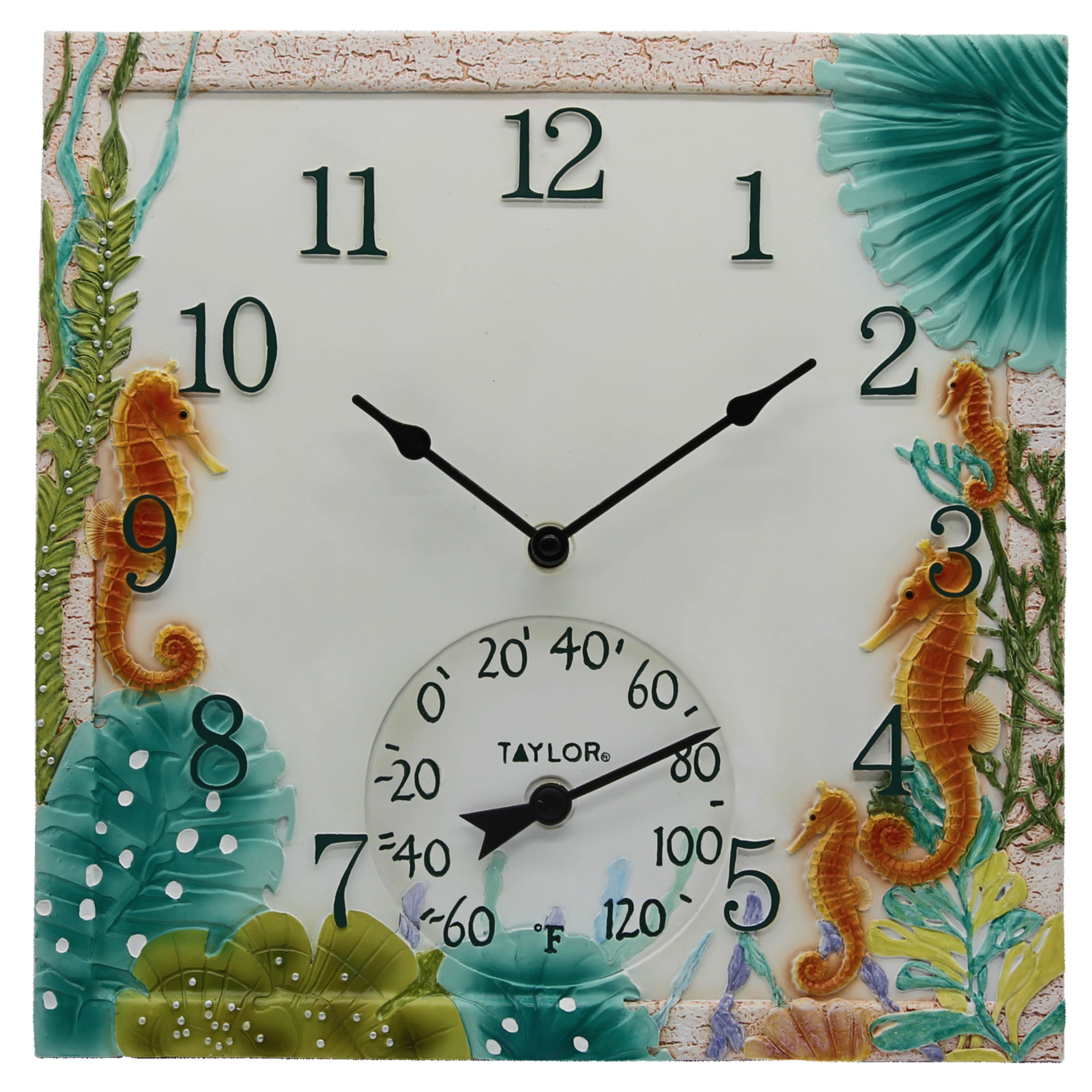 Taylor Precision 14" Quartz Poly Resin Indoor & Outdoor Seahorse Wall Clock, Thermometer