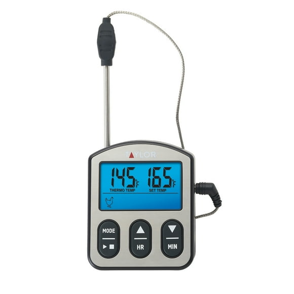 Taylor Programmable Wired Stainless Steel Probe Digital Meat 0.3lb Thermometer with Backlight Display Screen Gray
