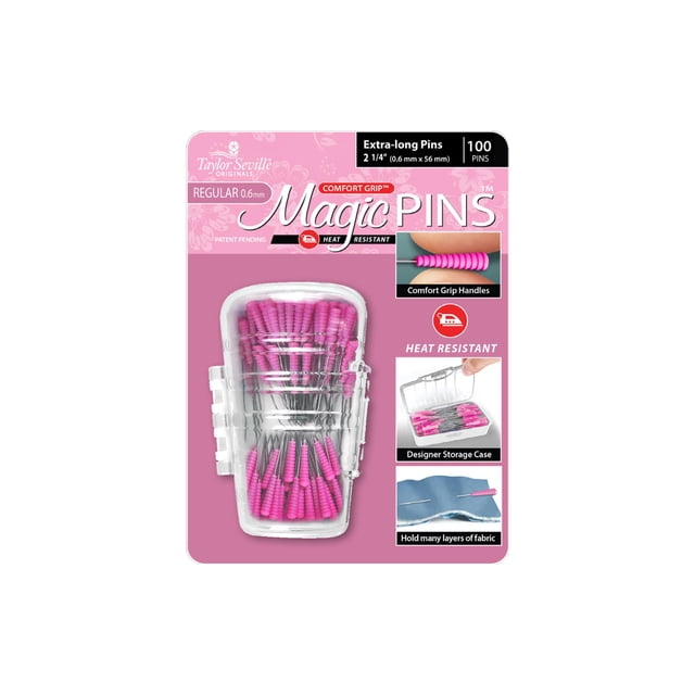 Taylor Seville Magic Pins - Extra Long Fine Sewing Pins, 50-Pack With Comfort Grip Heads
