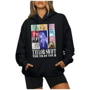 TRENDYHUB Taylor Swift 1989 The Eras Tour Hoodies Tops for Swiftie Fan women's Fashion Casual Long Sleeved Round Neck Letter Printing Loose Plush Pullover with Rope Hoodie