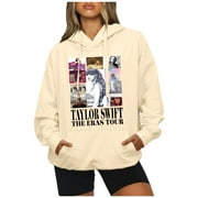 TRENDYHUB Taylor Swift 1989 The Eras Tour Hoodies Tops for Swiftie Fan women's Fashion Casual Long Sleeved Round Neck Letter Printing Loose Plush Pullover with Rope Hoodie