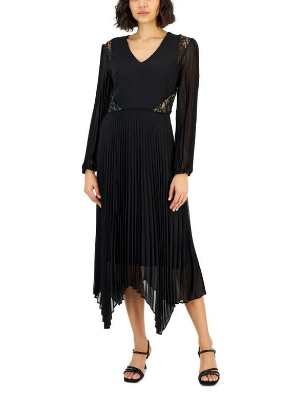 Taylor V-neck elastic cuff long sleeve lace shoulder and side detail zipper back pleated chiffon crepe gown-BLACK / 8