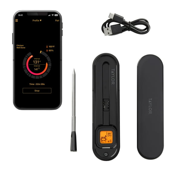 Taylor Waterproof Bluetooth Digital Wireless Grill and Meat Thermometer with Smart Probe Black