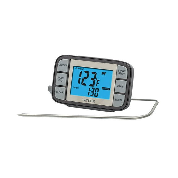 Taylor Wired Probe Thermometer with Bright Blue Backlight and USDA Presets Gray