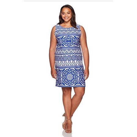 Taylor Woman?s Plus Size Blue & White Sleeveless Sheath Dress, Size 14W: 14W/Blue