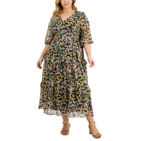 Taylor Women's Floral Print Faux Wrap Midi Dress Black Size 18W