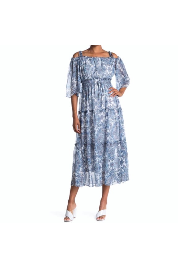 Women's Off The Shoulder Floral Print Chiffon Smocked Midi Dress (Ivory, 10)