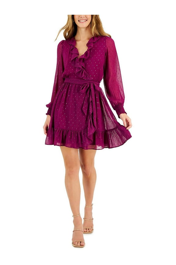 Womens Metallic Clip-Dot Chiffon Fit & Flare Dress Chif Pillow Purple 4