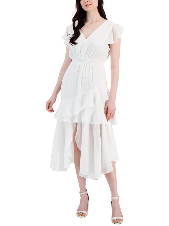Women's Clip Dot Asymmetrical Hem Smocked-Waist Dress Dutch White 14