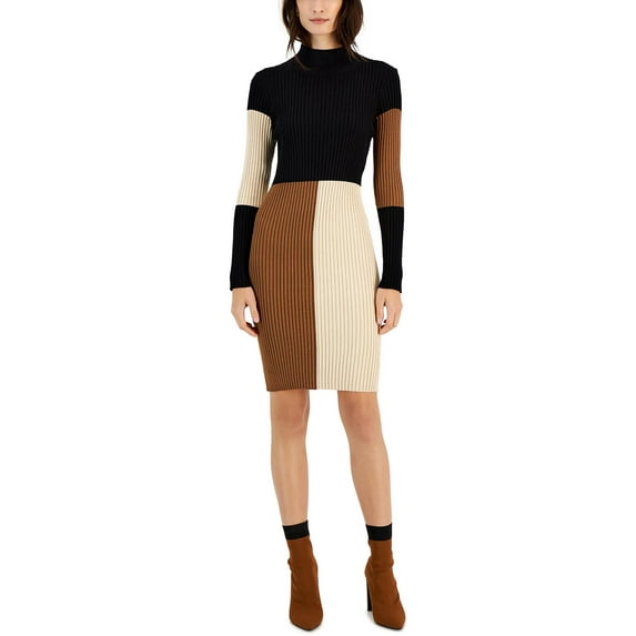 Taylor Womens Colorblocked Ribbed Long Sleeve Sweater Dress Black/Cinnamon XL