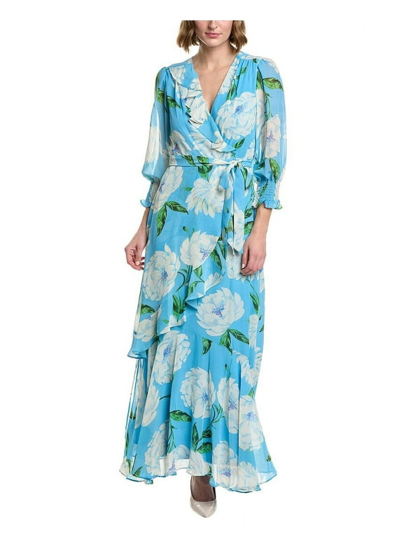Taylor Womens Printed Chiffon Maxi Dress, 10, Blue,Polyester