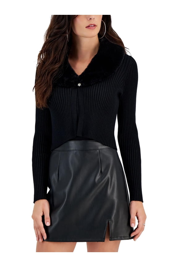 Womens Ribbed Knit Faux Fur Collar Cardigan Sweater
