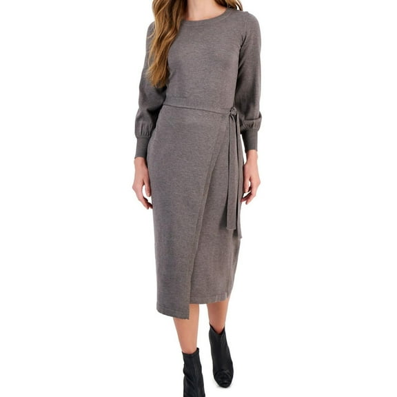 Taylor Womens Knit Puff Sleeve Wrap Sweater Dress, Brown, Small