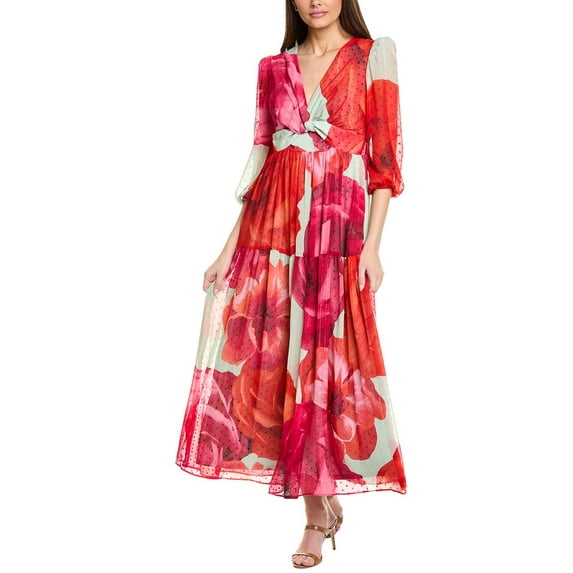 Taylor womens Minnie Dot Chiffon Maxi Dress, 14, Red
