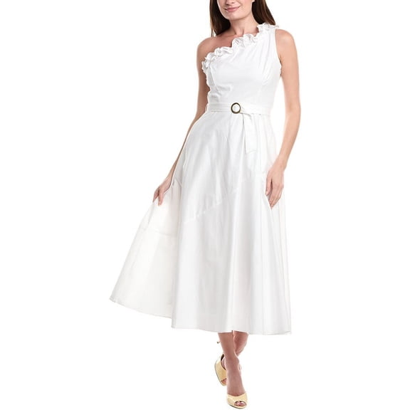 Taylor womens One-Shoulder Ruffle Midi Dress, 2, White