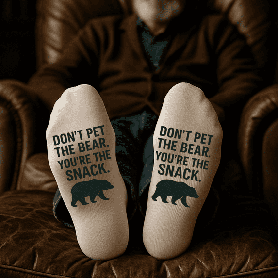 Taylored Family, Moisture-Wicking Performance Crew Socks, Don't Pet the Bear Design, White, One Size