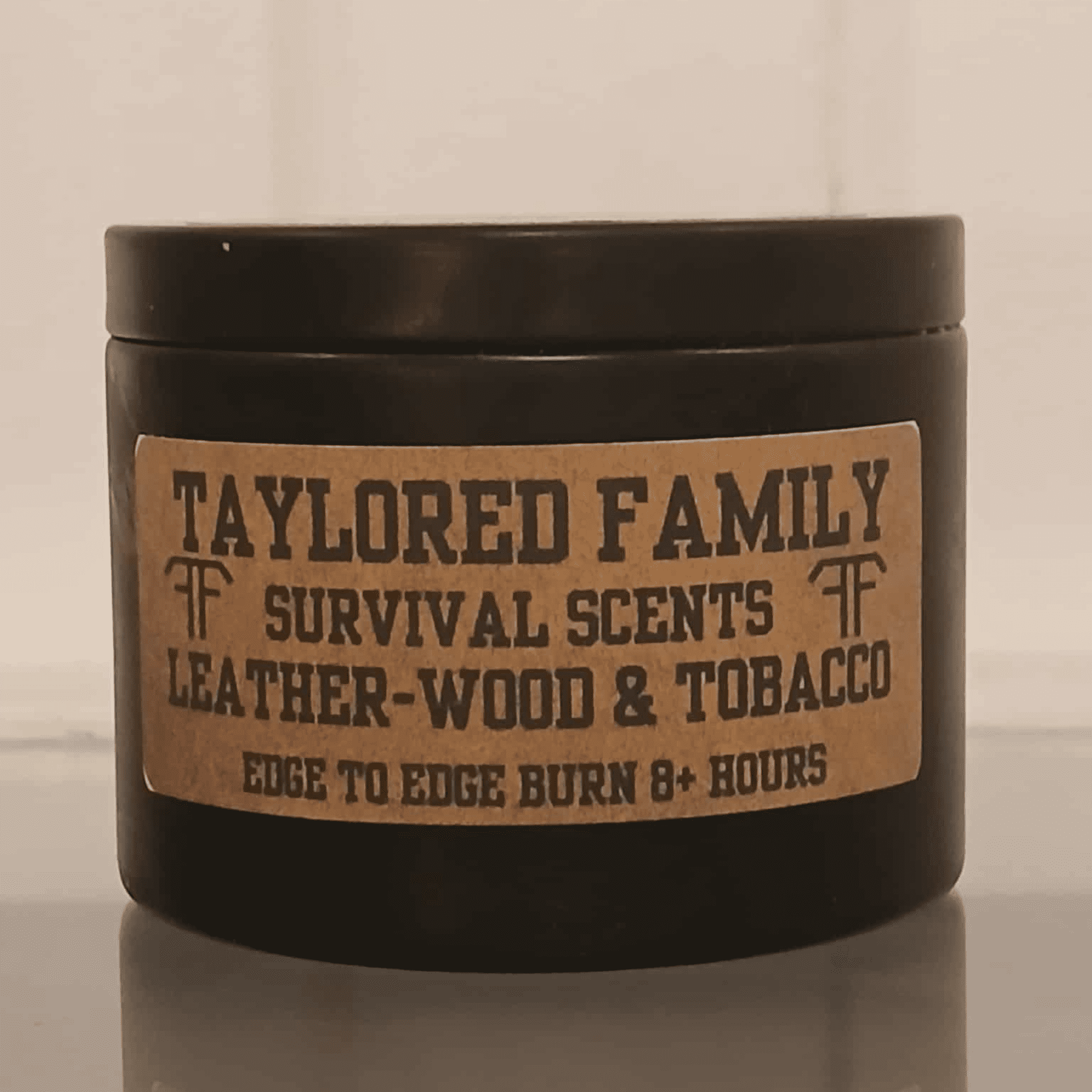 Taylored Family Survival Scents 8 oz. Leather-wood and Tobacco Scented Candle, Hand-Poured Beeswax Blend, Custom Wick