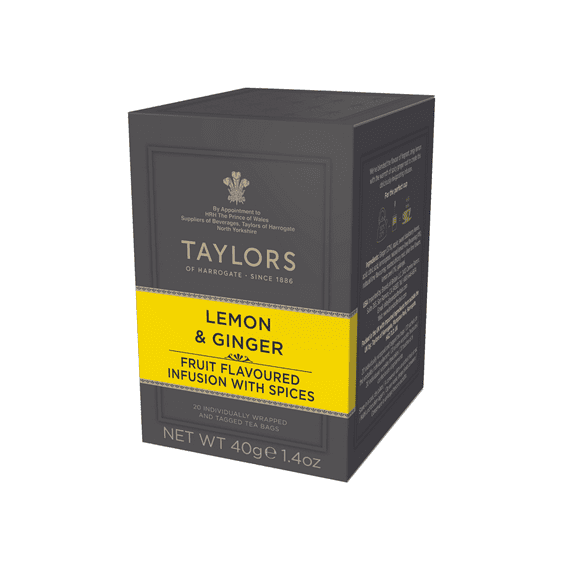 Taylors of Harrogate Lemon & Ginger, Herbal Tea, Individually Wrapped Bags, 20 Count (Pack of 1), Cleansing, Invigorating & Citrussy, Caffeine-Free, Enjoy Hot or Iced, 20 Teabags