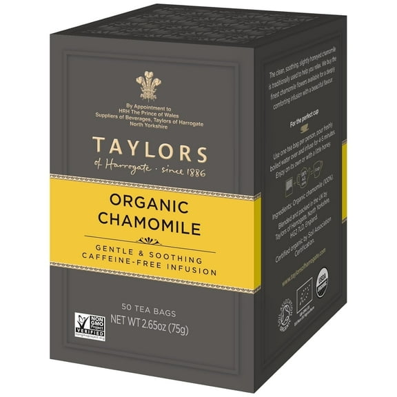 Taylors of Harrogate Organic Herbal Tea Caffeine Free Chamomile - 50 Tea Bags Pack of 4