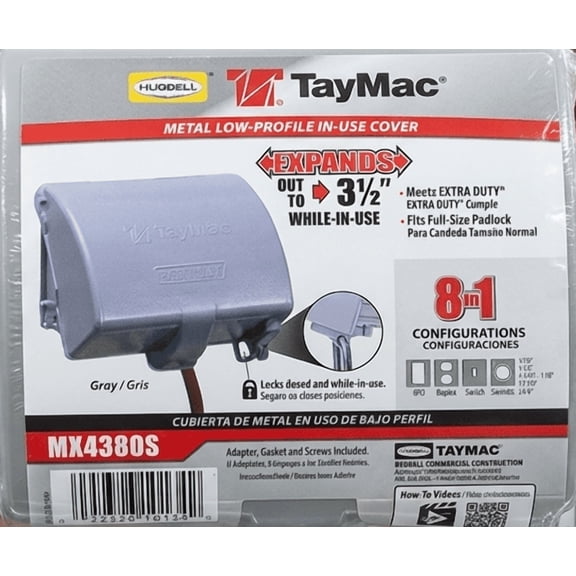 Hubbell-Bell MX4380S Weatherproof Metallic Low Profile While-In-Use Device cover with 8-in-1 Configurations and Single Gang, Horizontal, Gray