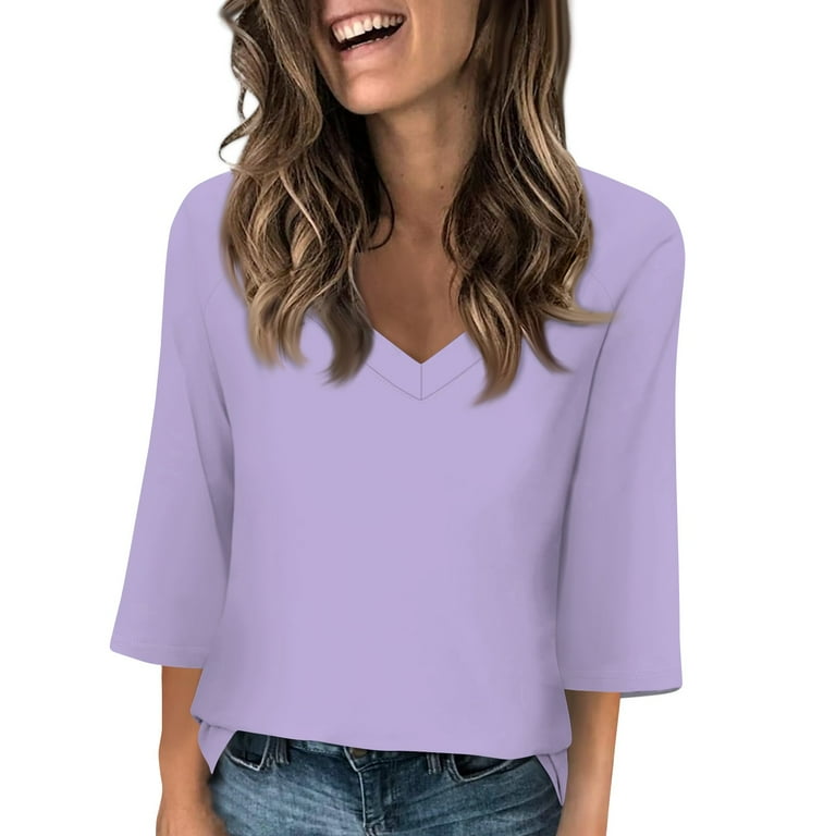 3/4 Sleeve Solid Color V Neck Plus Size Tops 3/4 Sleeve Solid Color V Neck Plus Size Tops