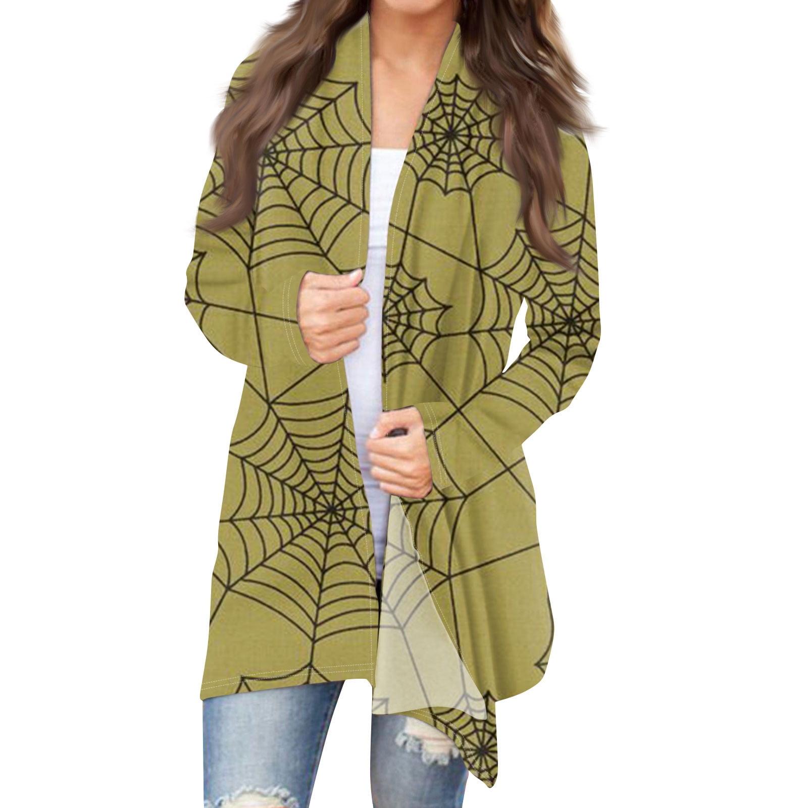 Taymeis Halloween Cardigan for Women Spider Web Print Open Front Sweater Plus Size Long Sleeve Coat Tops Fall Casual Horror Clothes Green L Walmart