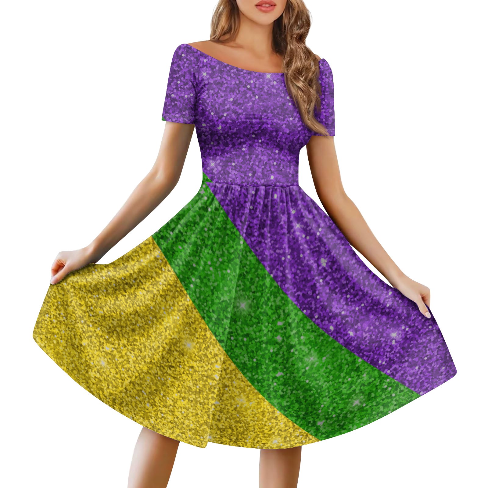 Taymeis Mardi Gras Dress for Women Fashion Crew Neck Swing Dress Casual Carnival Themed Sequin Print Cocktail Dresses Short Sleeve Plus Size Party Dress Green 3XL Walmart