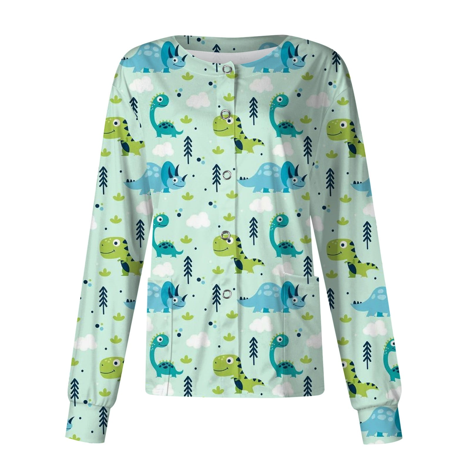 Taymeis Scrub Jackets for Women Cartoon Printed Animal Dinosaur Crew