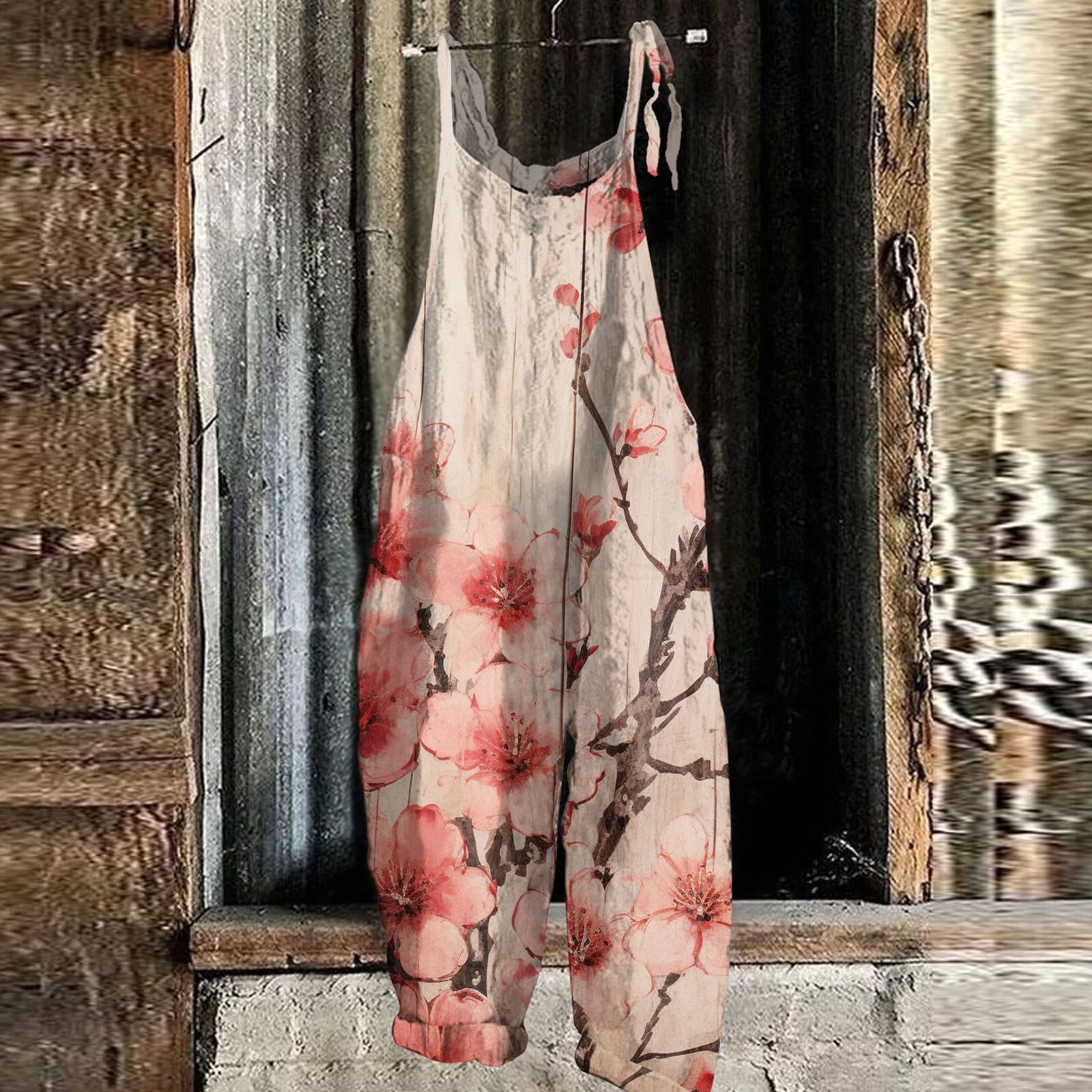 Taymeis Women Jumpsuit Casual Loose Fit Spaghetti Strap Rompers for Women Wide Leg Floral Print Summer Dressy Bib Overalls Women Sleeveless Baggy Harem Pants Watermelon Red S Walmart
