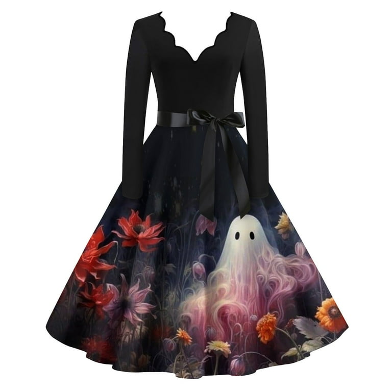 Taymeis Women s Halloween Dress Long Sleeve 1950s Vintage Dress Ghost Print V Neck Cocktail Dresses Hepburn Style A Line Evening Dress Cosplay CostumeRed S Walmart