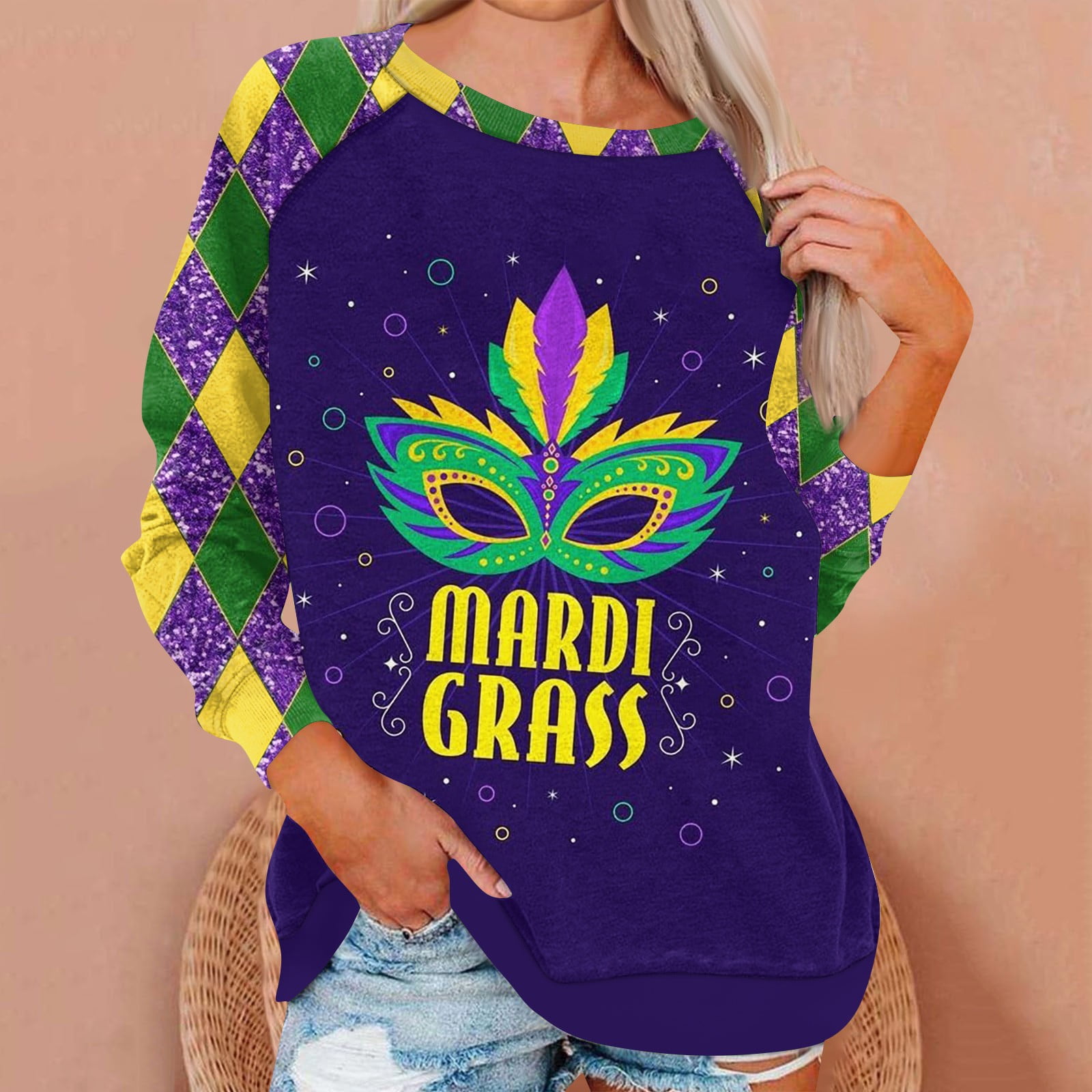 Taymeis Women's Mardi Gras Sweater Crew Neck Holiday Pullover Funny ...