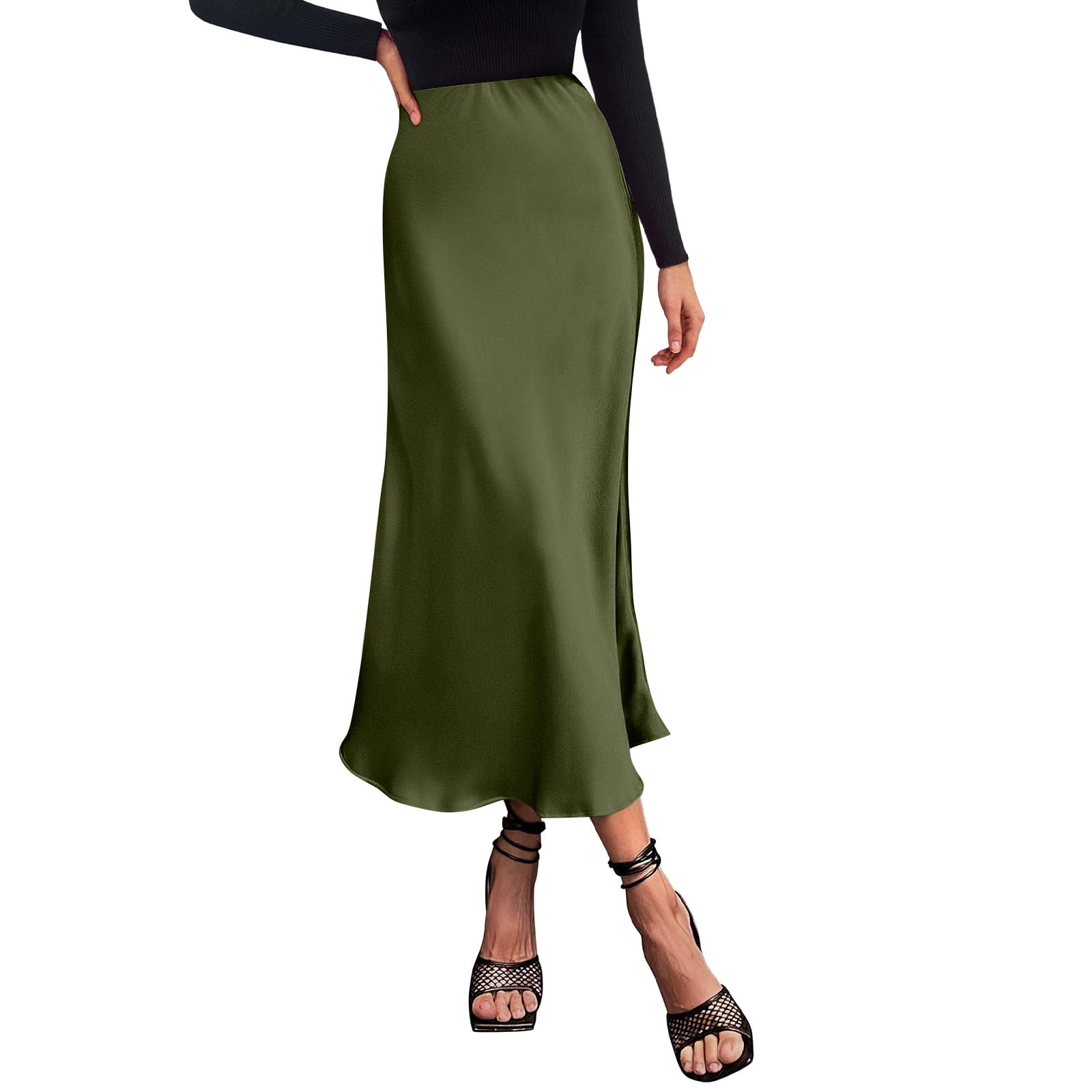 Taymeis Women s Midi Satin Skirt Dressy Casual High Waisted Solid Color Long Skirt A Line Flowy Silky Elegant Party Skirts Army Green XL