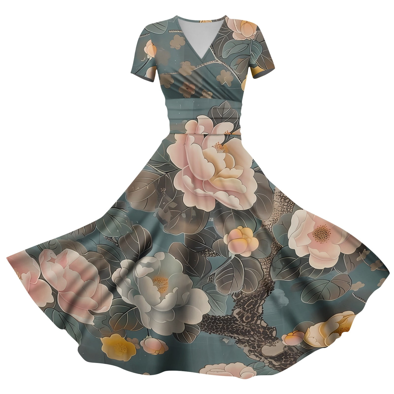 Taymeis Womens Midi Dress 2024 Trendy Short Sleeve Floral Pattern