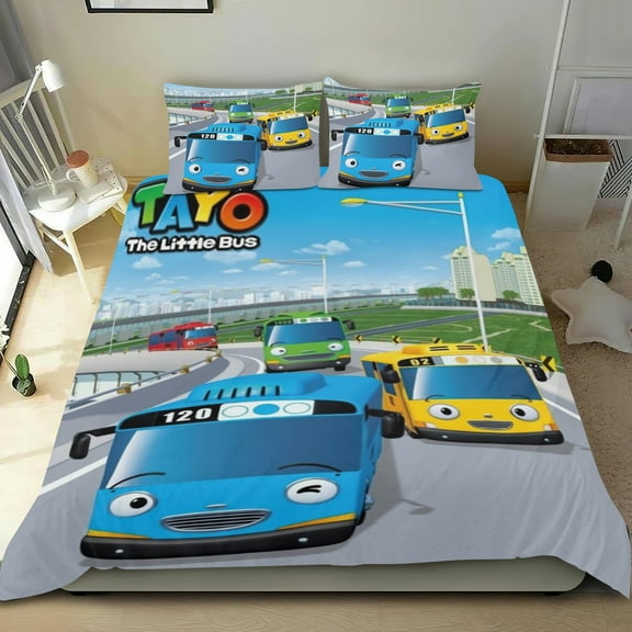 Tayo the Little Bus Themed Bed Sheet Set Three Piece Set 53x79 In ches Comfortable And Skin Friendly Unique Design Creating A Star Studded Night Home Decor Gifts For Family Friends fans