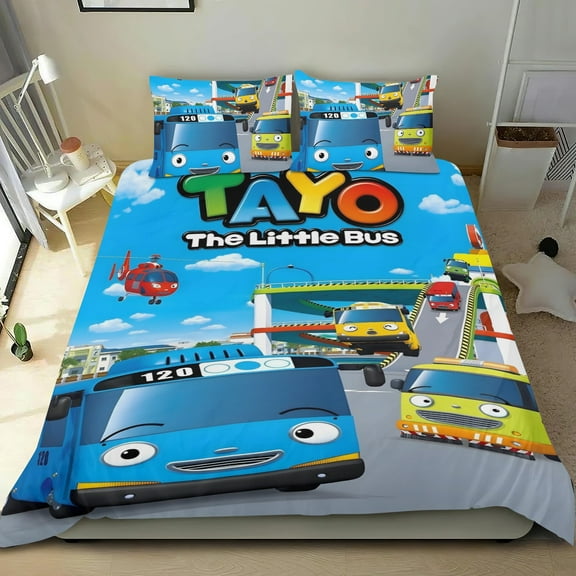 Tayo the Little Bus-themed Bed Sheet Set Three Piece Set Comfortable And Skin Friendly Unique Design Home Decor Gifts For Family Friends fans54''x79''135cm*200cm