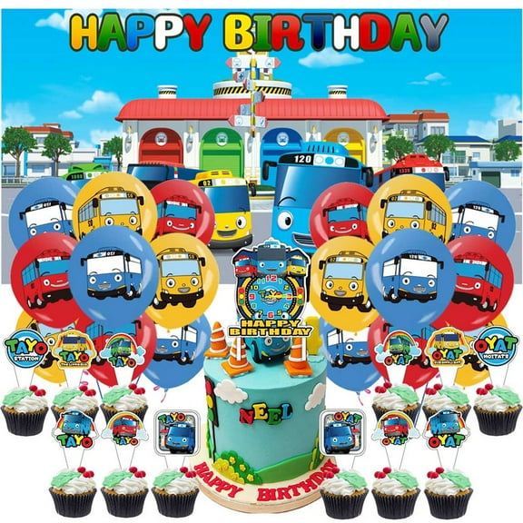 Tayo the Little Bus Party Decorations Set Kit Latex Balloons Birthday Decor Cake Topper Fans Banner Backdrop