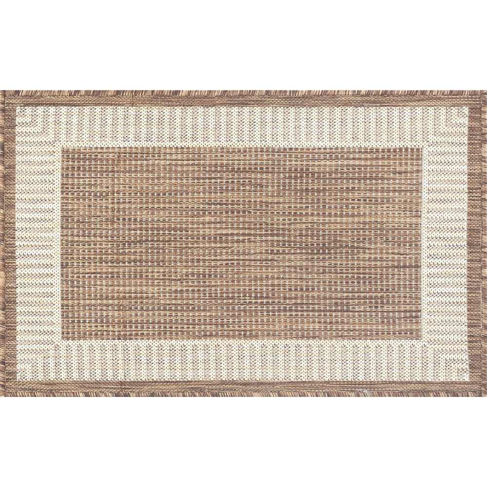 Brown and Beige Synthetic Rectangular Area Rug with Striped Border