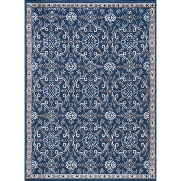 Tayse Hampton Area Rug HMP3807 Traditional Navy Scrolls Rings 5' x 7' Rectangle