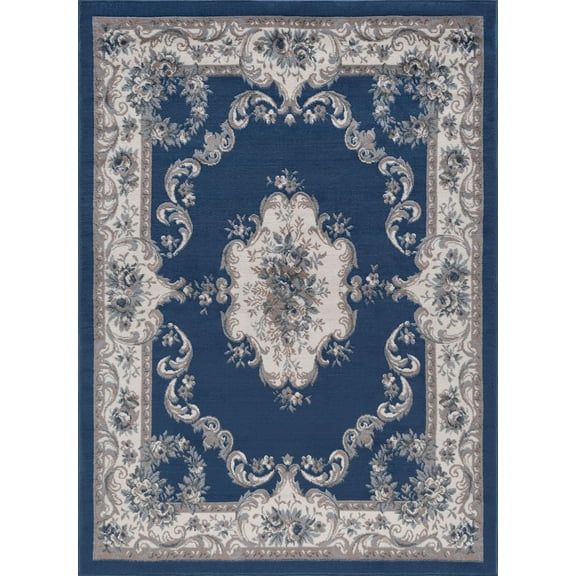 Tayse Hampton Area Rug HMP3907 Traditional Navy Scrolls Petals 5' 3" x 5' 3" Round